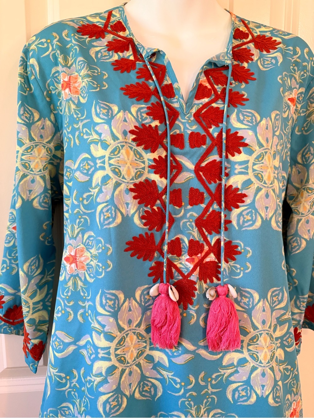 Blue Floral Embroidered Tassel Tunic, size M - Picture 2 of 8